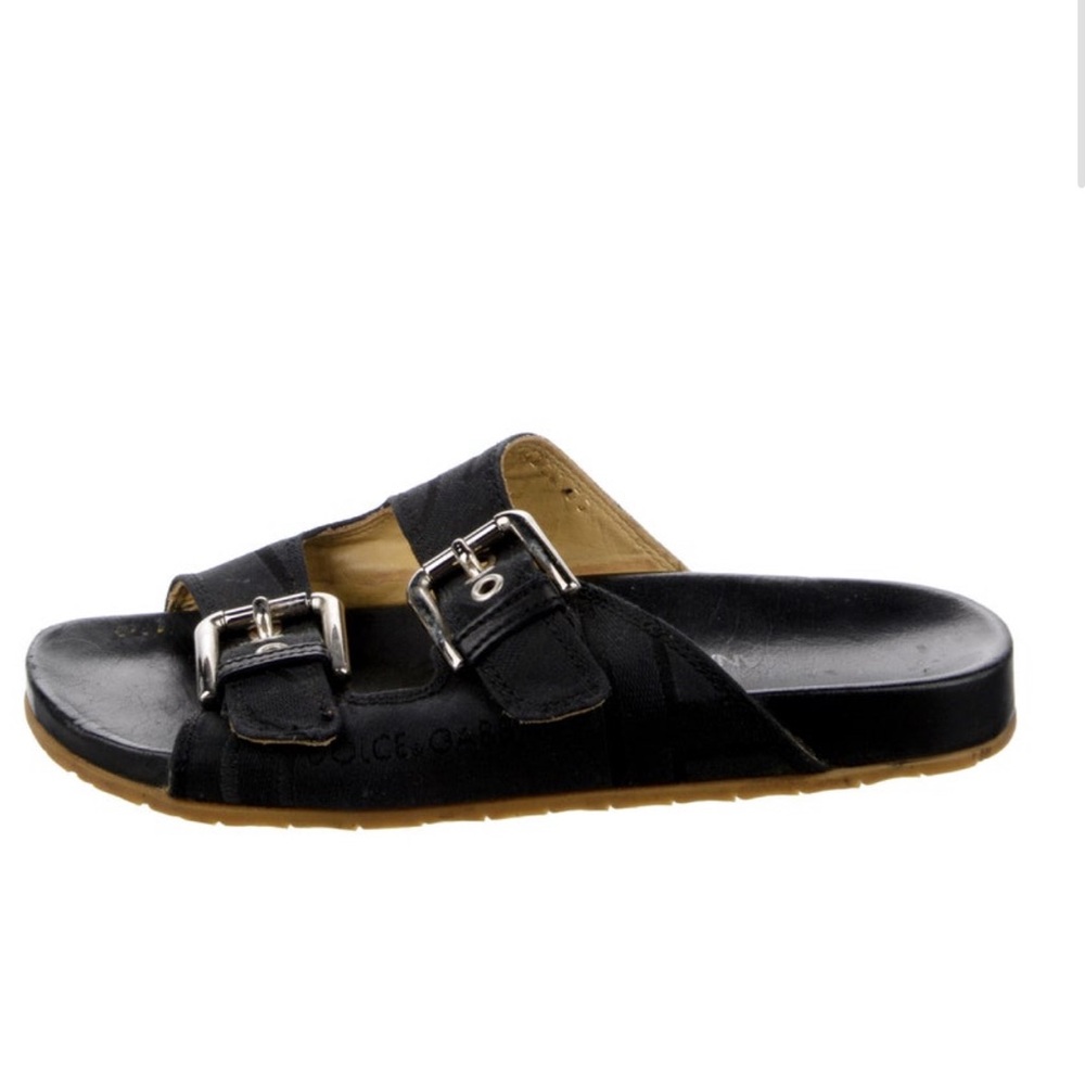 Dolce Gabbana (IT 38/us 7) sliders black fabric leather insoles/ Silver Buckles